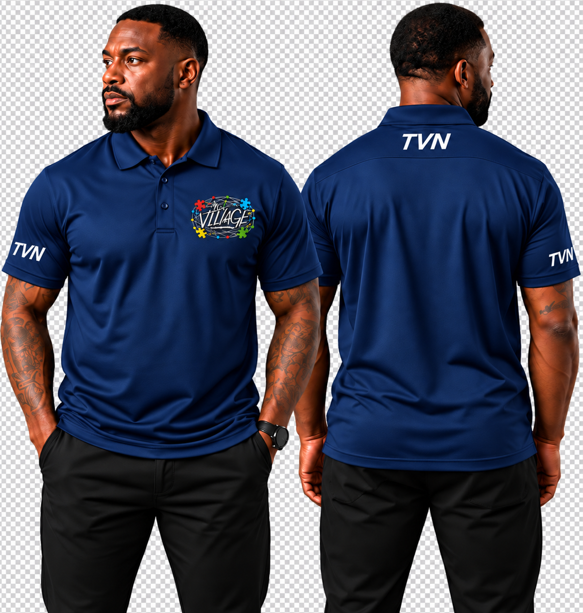 TVN Fathers Performance Polo in Navy, front and back model view
