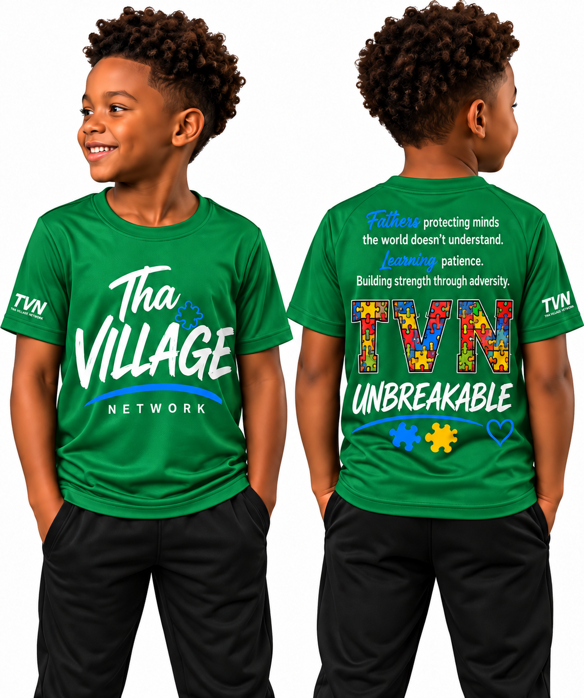 TVN Fathers Unbreakable Kids Tee in Green, front and back model view