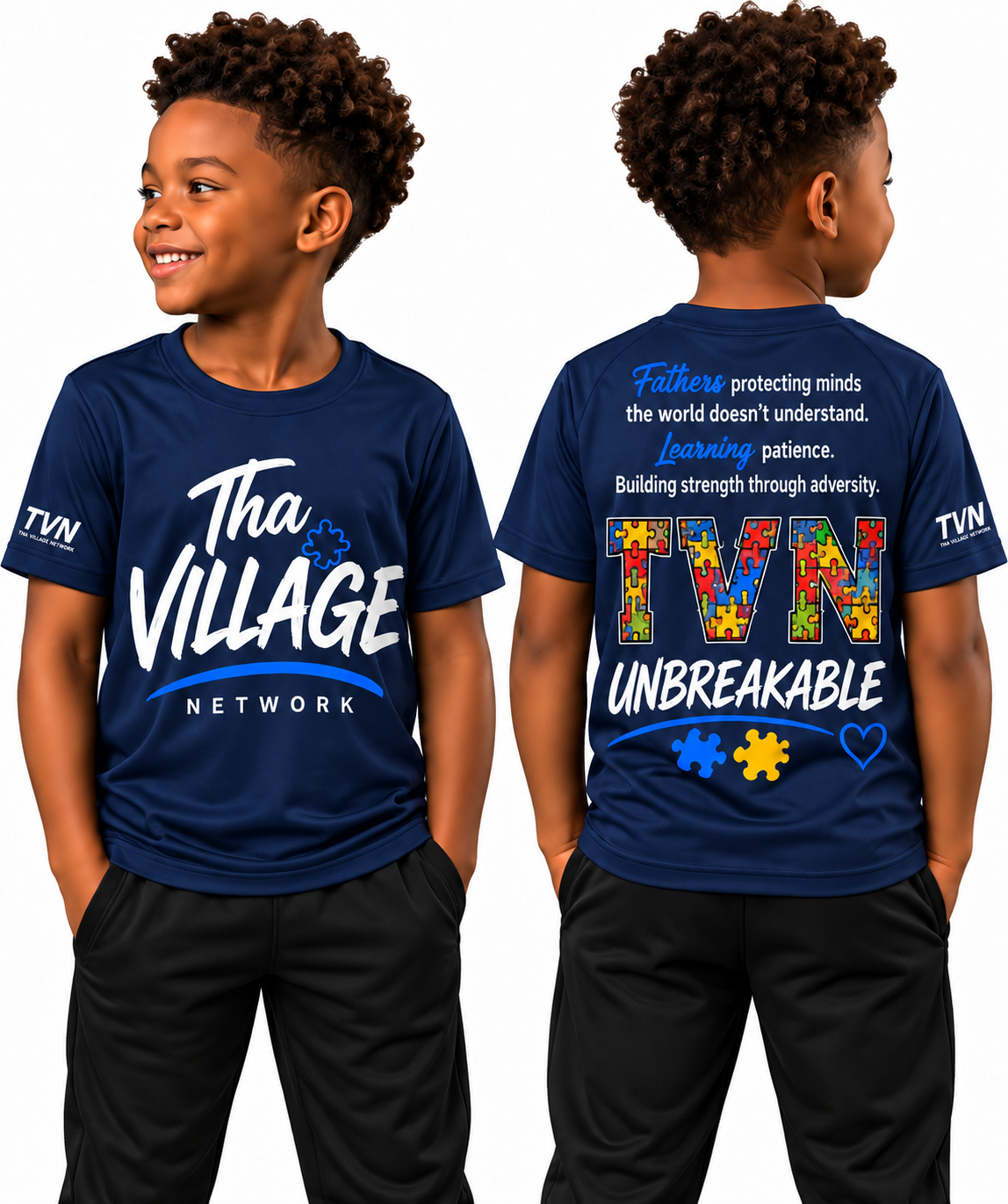 TVN Fathers Unbreakable Kids Tee in Navy, front and back model view
