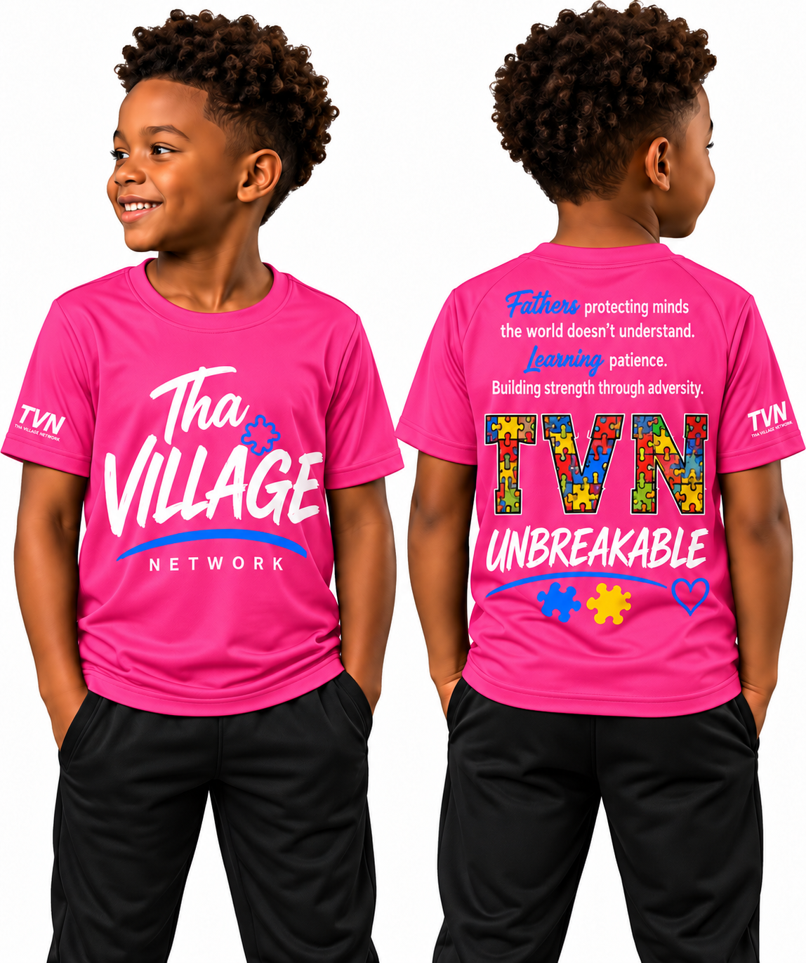 TVN Fathers Unbreakable Kids Tee in Pink, front and back model view