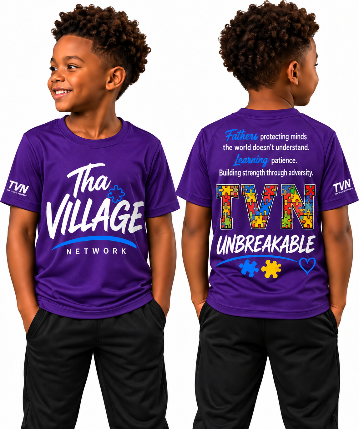 TVN Fathers Unbreakable Kids Tee in Purple, front and back model view