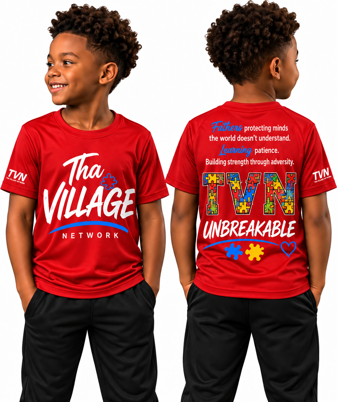 TVN Fathers Unbreakable Kids Tee in Red, front and back model view