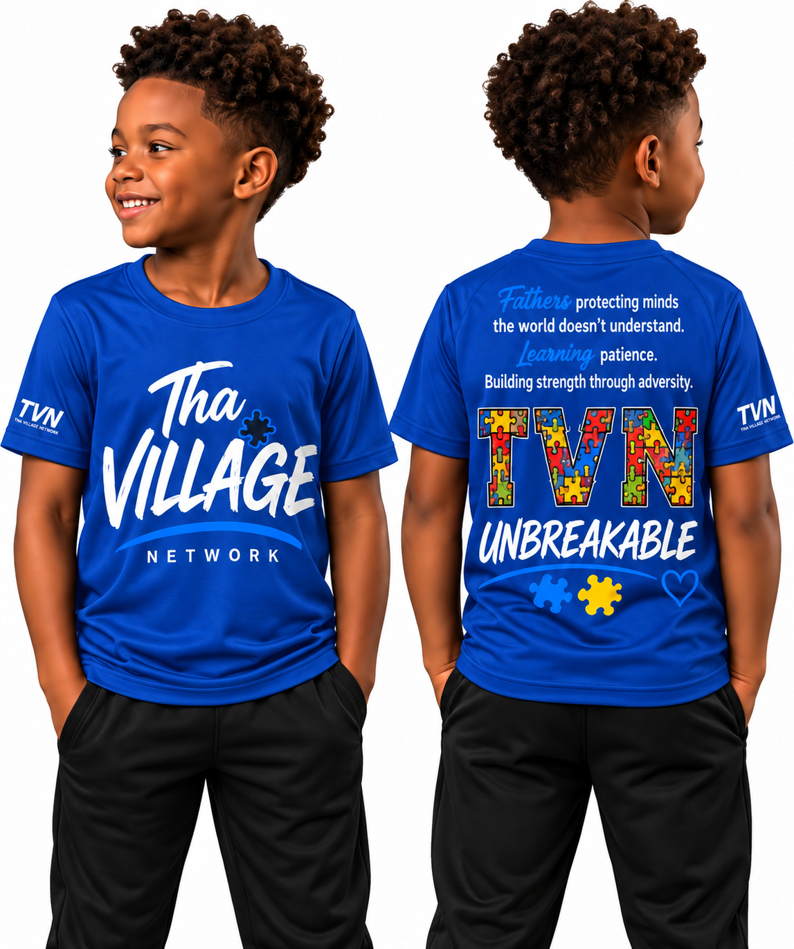 TVN Fathers Unbreakable Kids Tee in Royal Blue, front and back model view