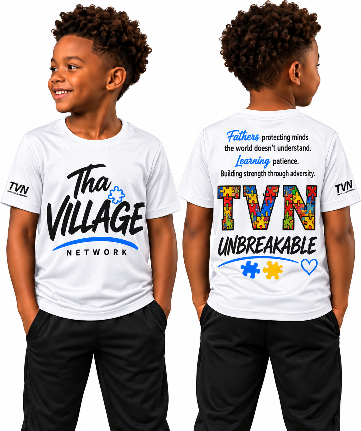 TVN Fathers Unbreakable Kids Tee in White, front and back model view