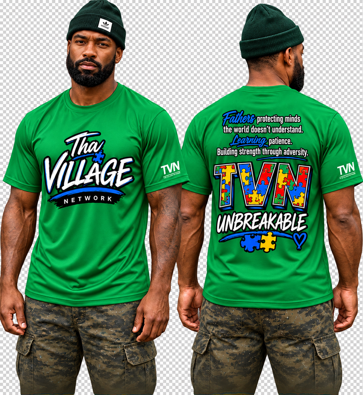 TVN Fathers Unbreakable Tee in Green, front and back model view