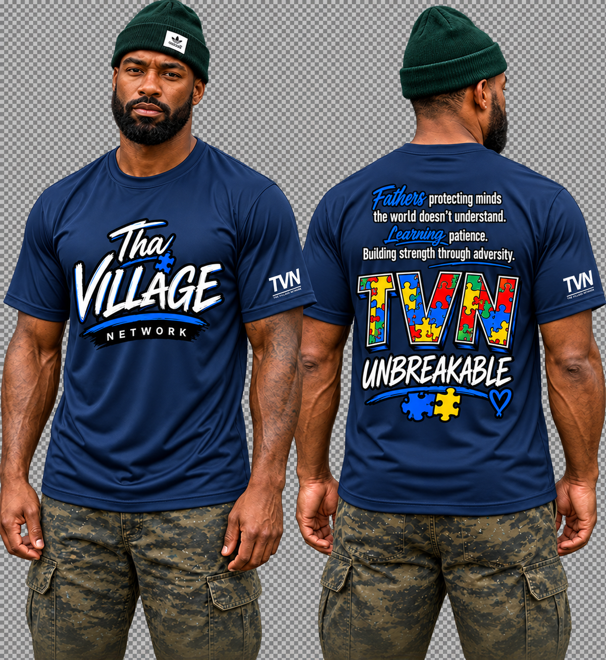 TVN Fathers Unbreakable Tee in Navy, front and back model view