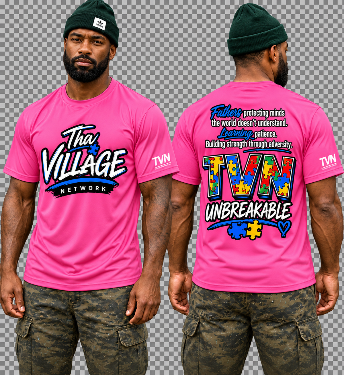 TVN Fathers Unbreakable Tee in Pink, front and back model view