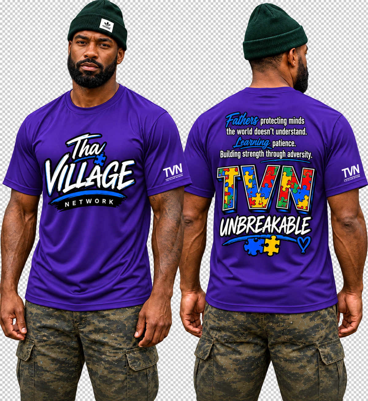TVN Fathers Unbreakable Tee in Purple, front and back model view