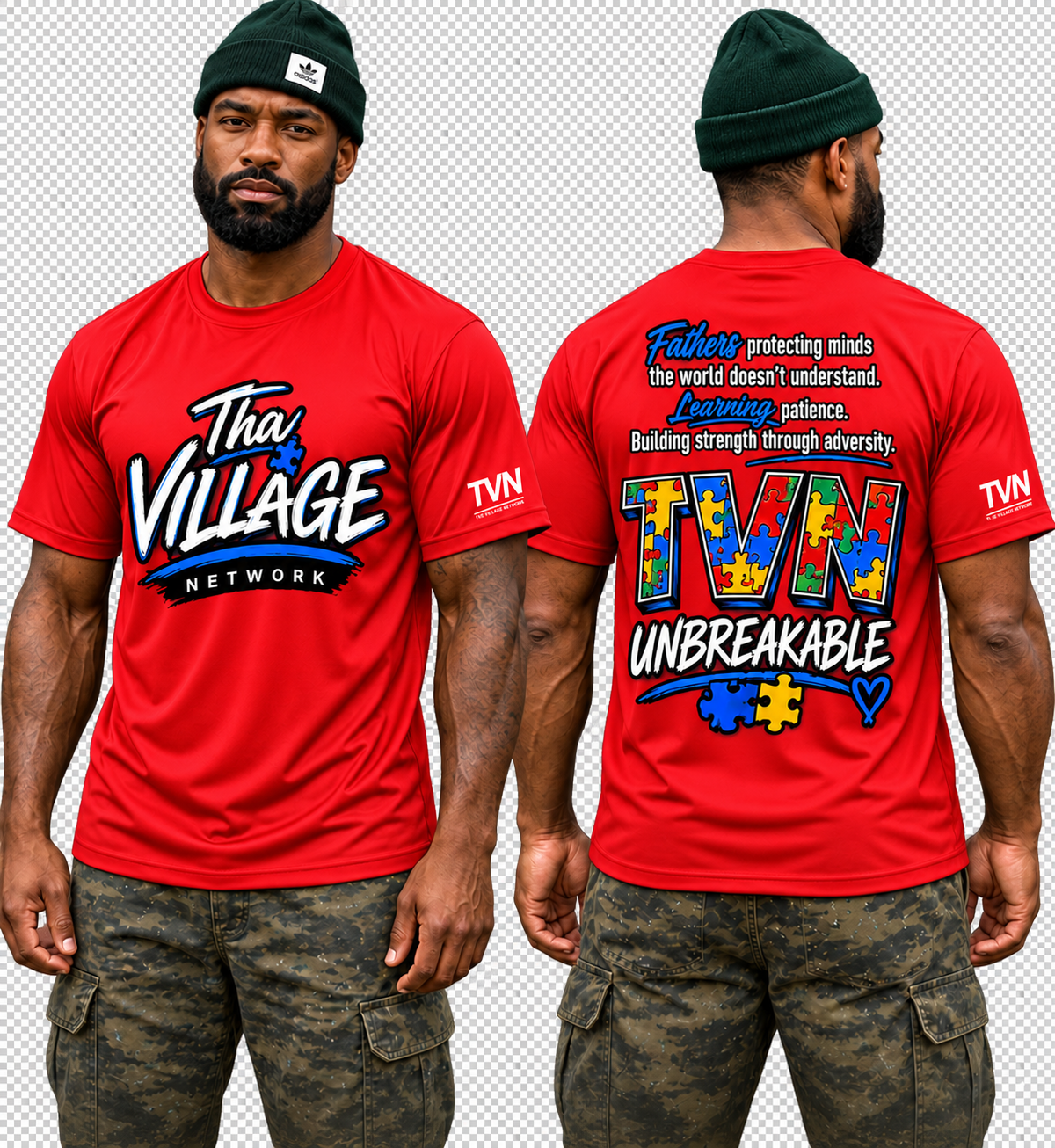 TVN Fathers Unbreakable Tee in Red, front and back model view