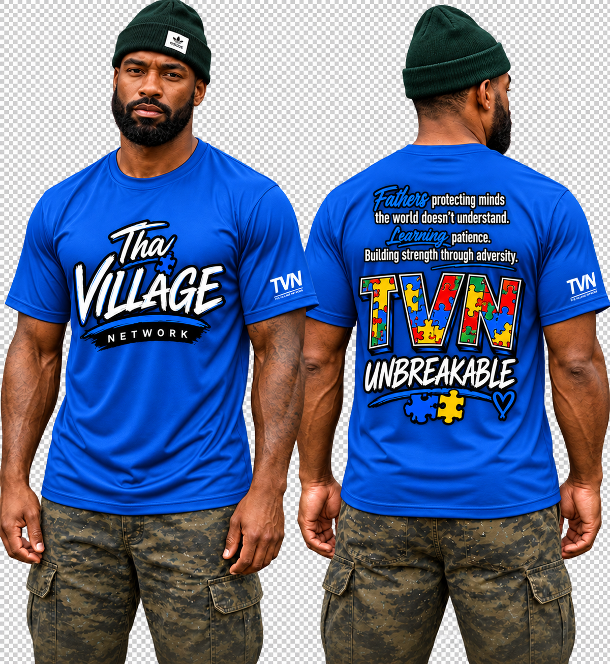 TVN Fathers Unbreakable Tee in Royal Blue, front and back model view