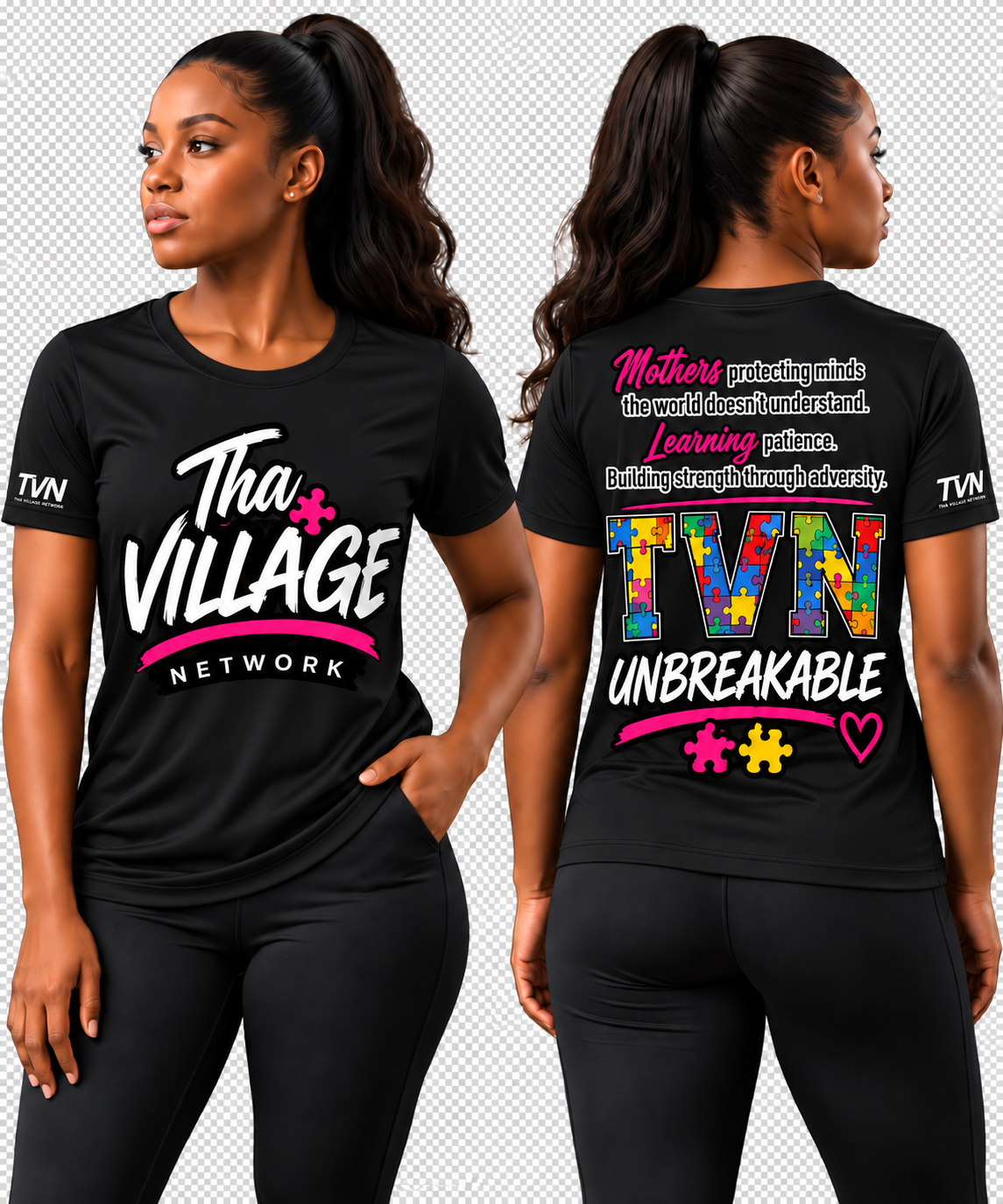 TVN Mothers Unbreakable Tee in Black, front and back model view