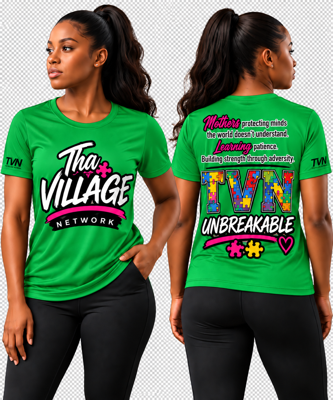 TVN Mothers Unbreakable Tee in Green, front and back model view
