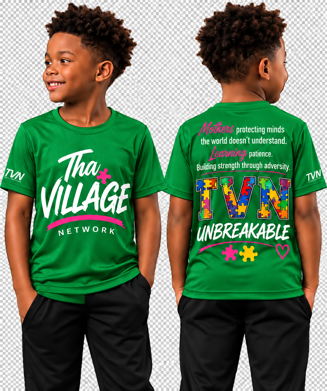 TVN Mothers Unbreakable Kids Tee in Green, front and back model view