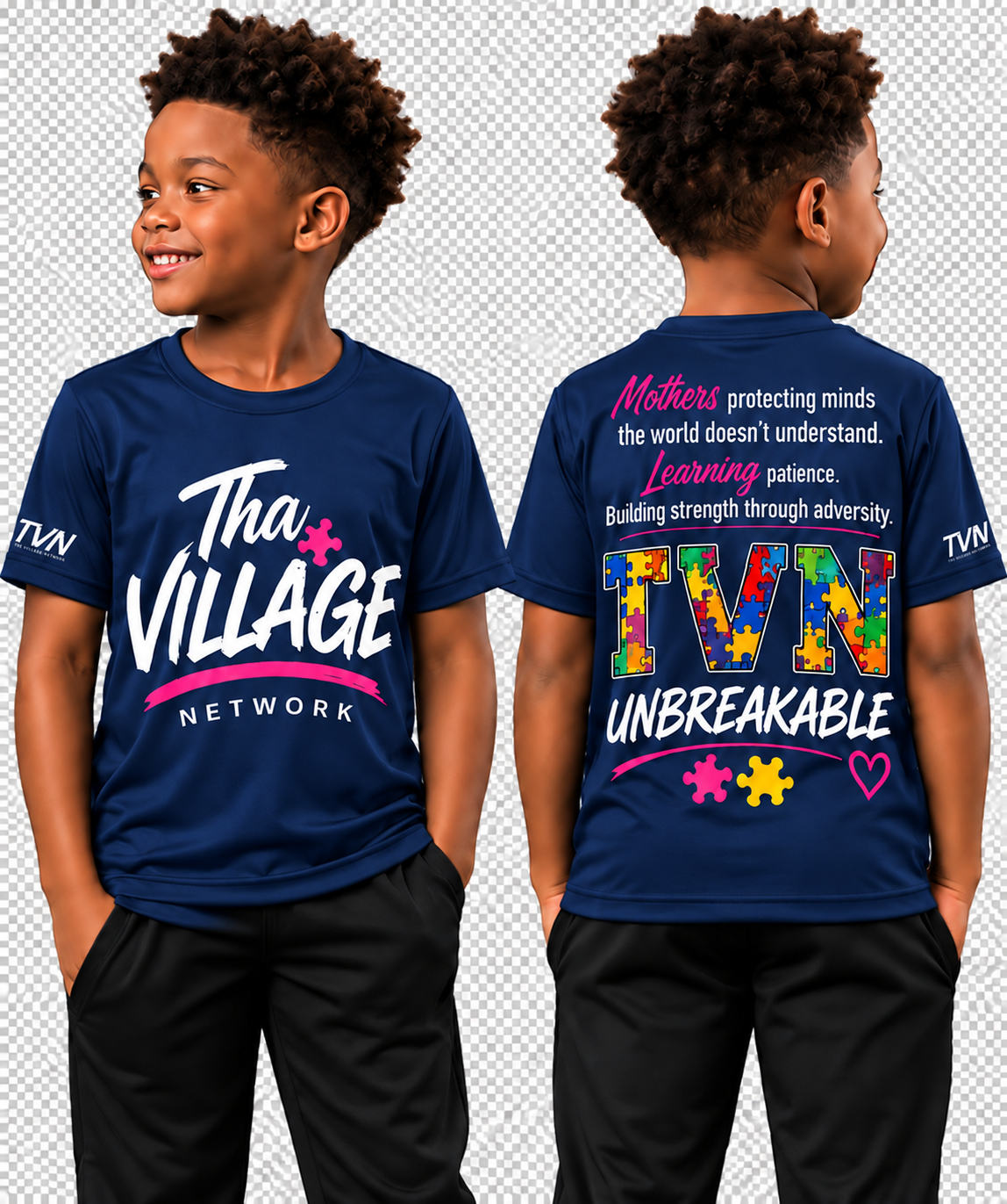TVN Mothers Unbreakable Kids Tee in Navy, front and back model view
