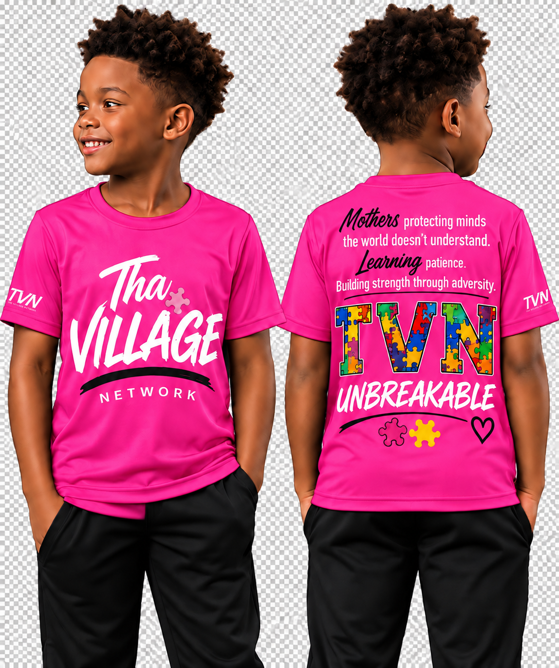TVN Mothers Unbreakable Kids Tee in Pink, front and back model view