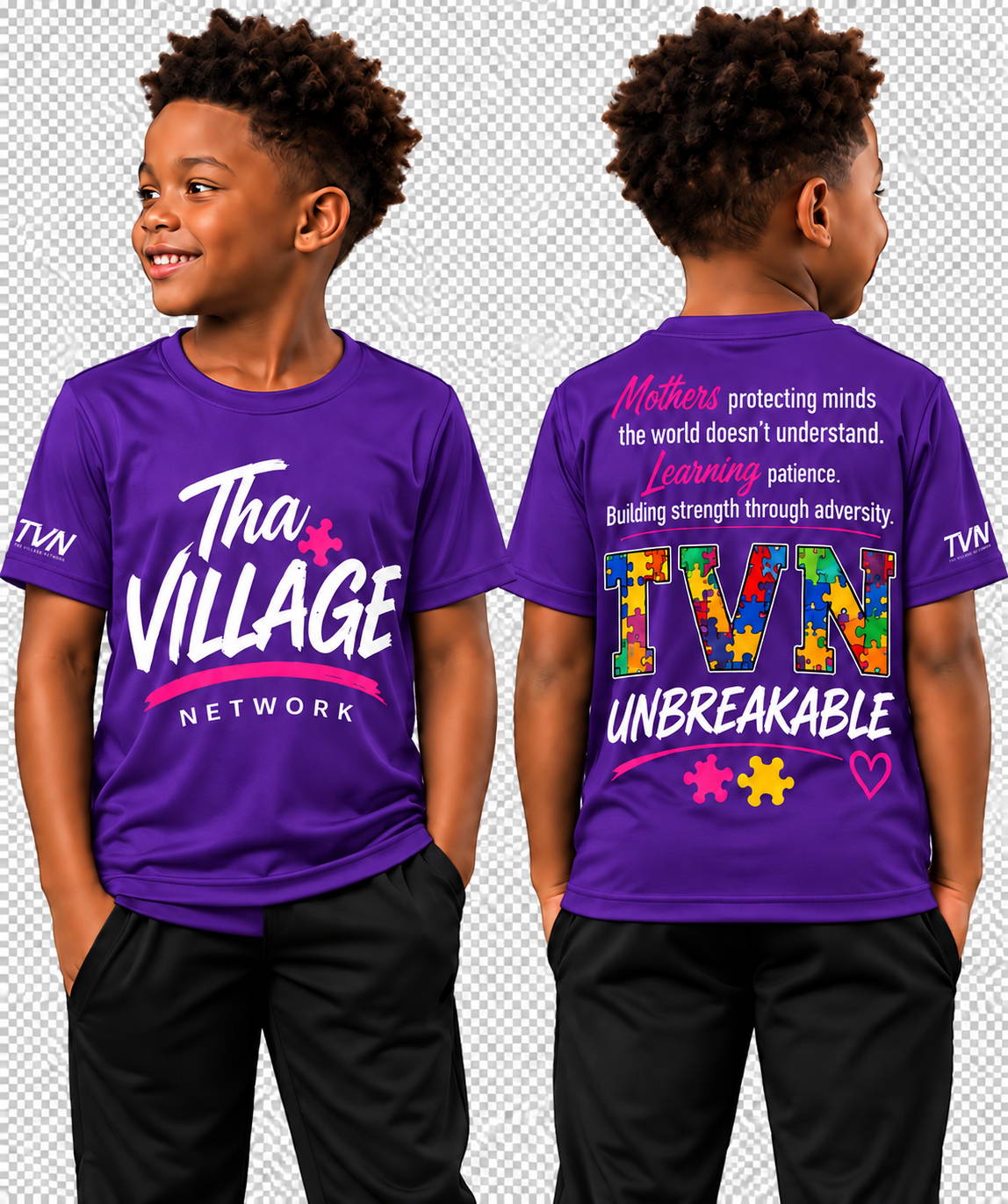 TVN Mothers Unbreakable Kids Tee in Purple, front and back model view