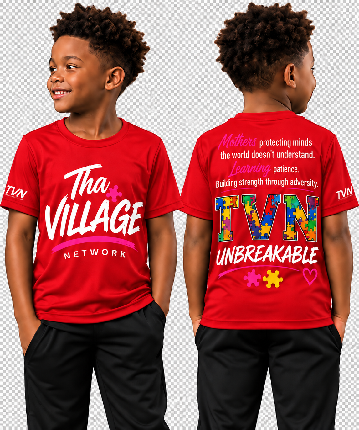 TVN Mothers Unbreakable Kids Tee in Red, front and back model view