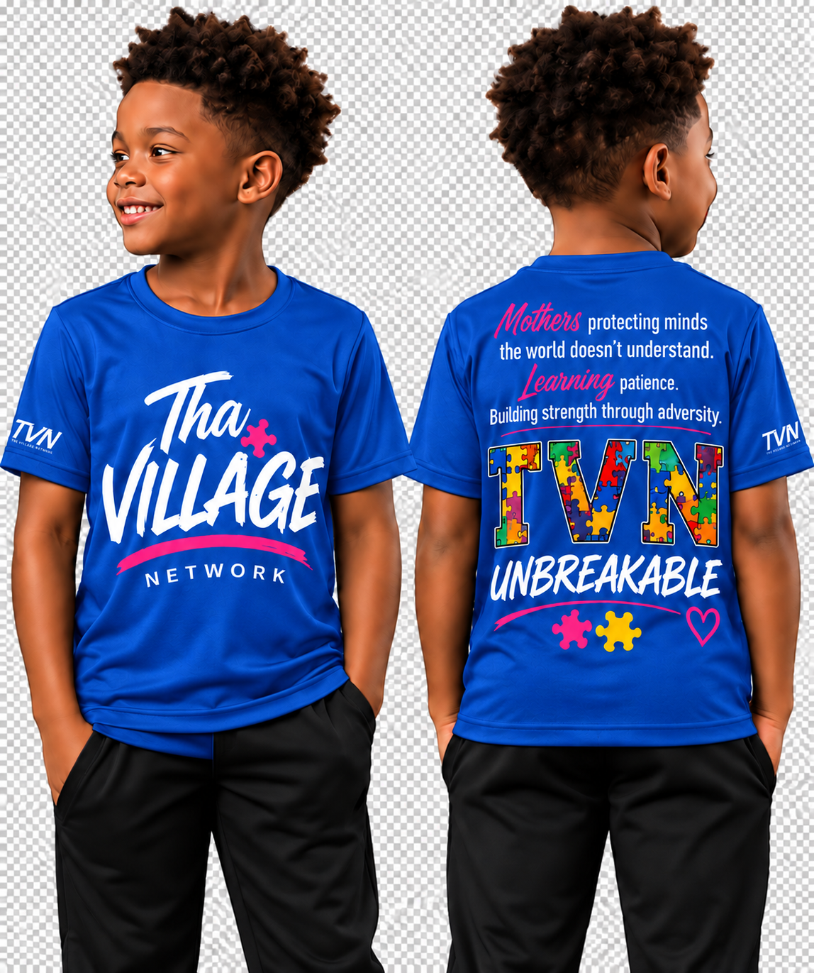 TVN Mothers Unbreakable Kids Tee in Royal Blue, front and back model view