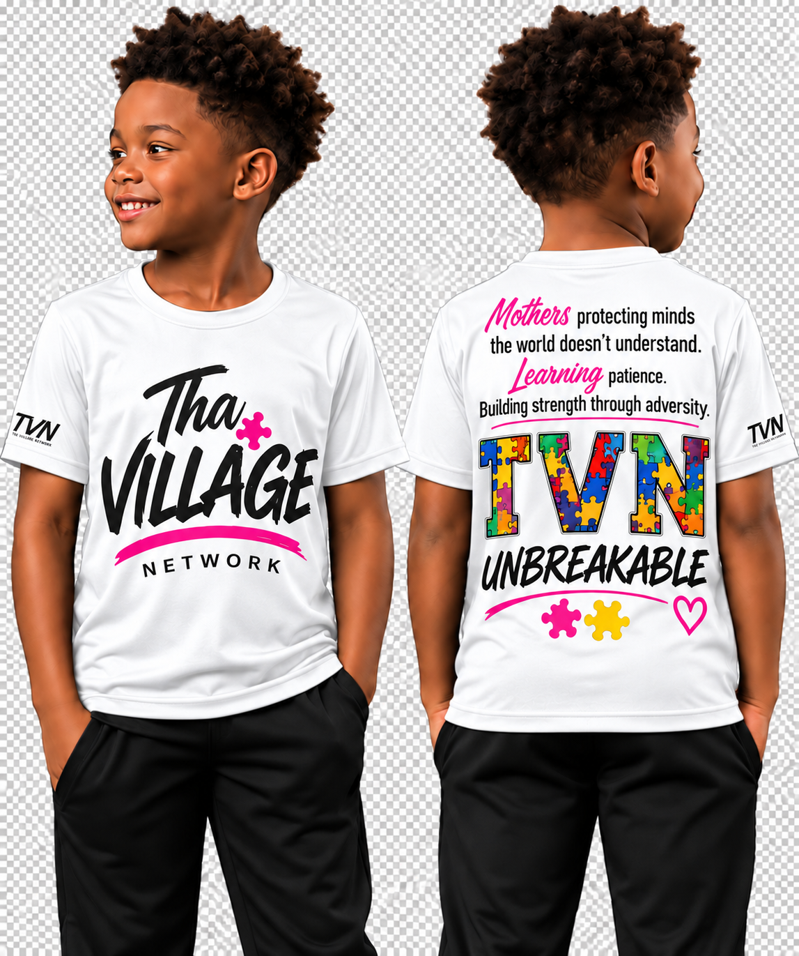 TVN Mothers Unbreakable Kids Tee in White, front and back model view