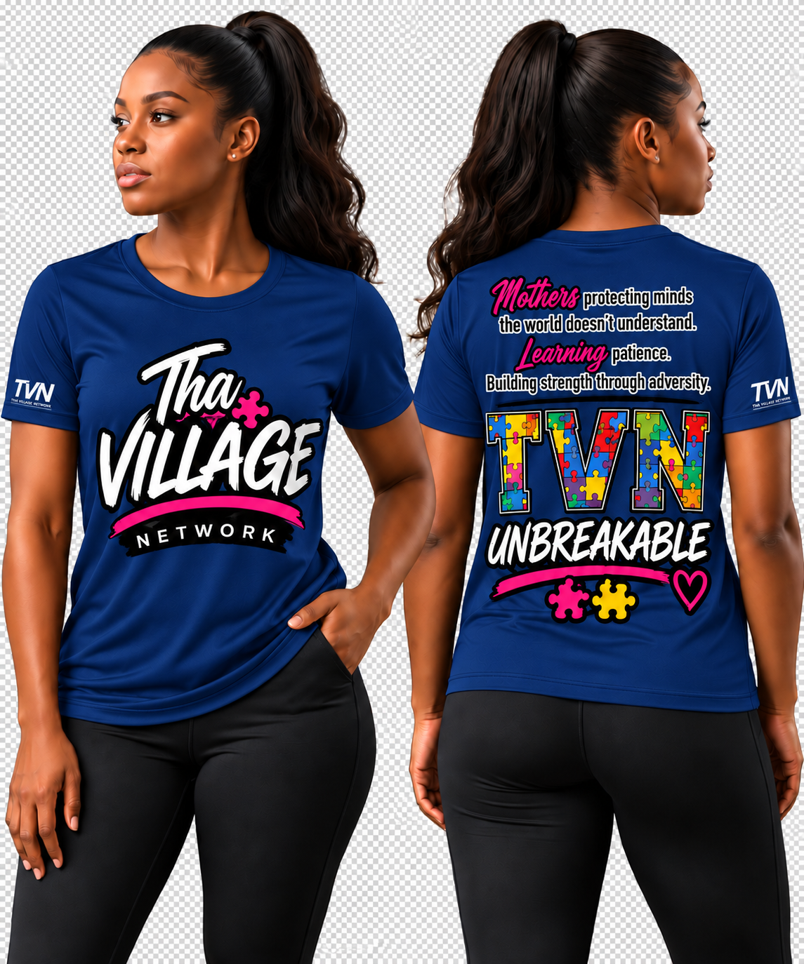 TVN Mothers Unbreakable Tee in Navy, front and back model view