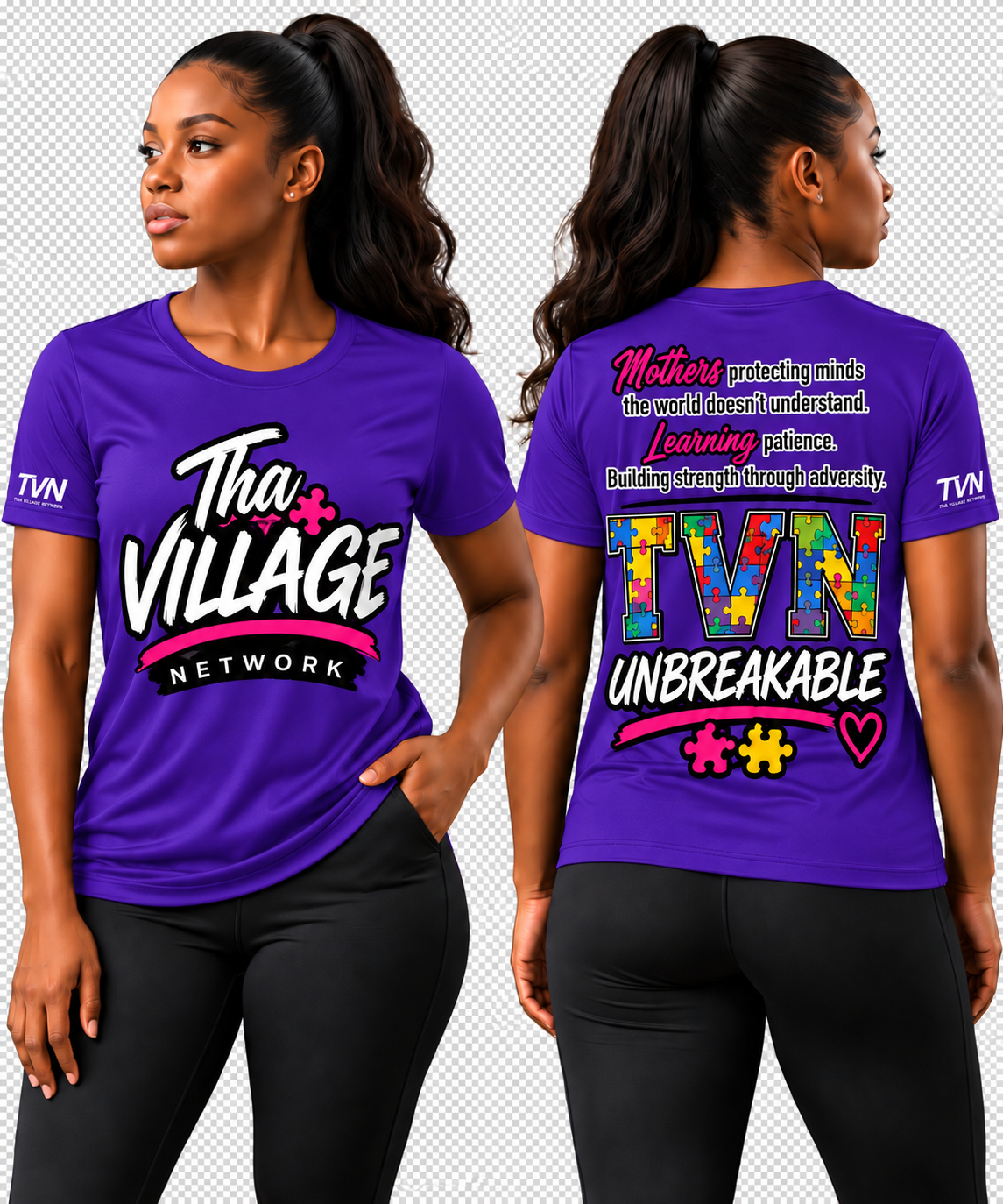 TVN Mothers Unbreakable Tee in Purple, front and back model view