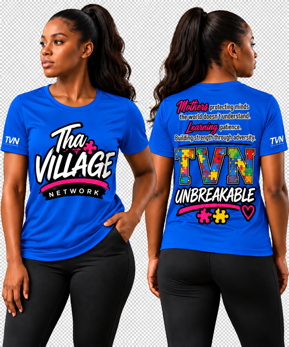 TVN Mothers Unbreakable Tee in Royal Blue, front and back model view